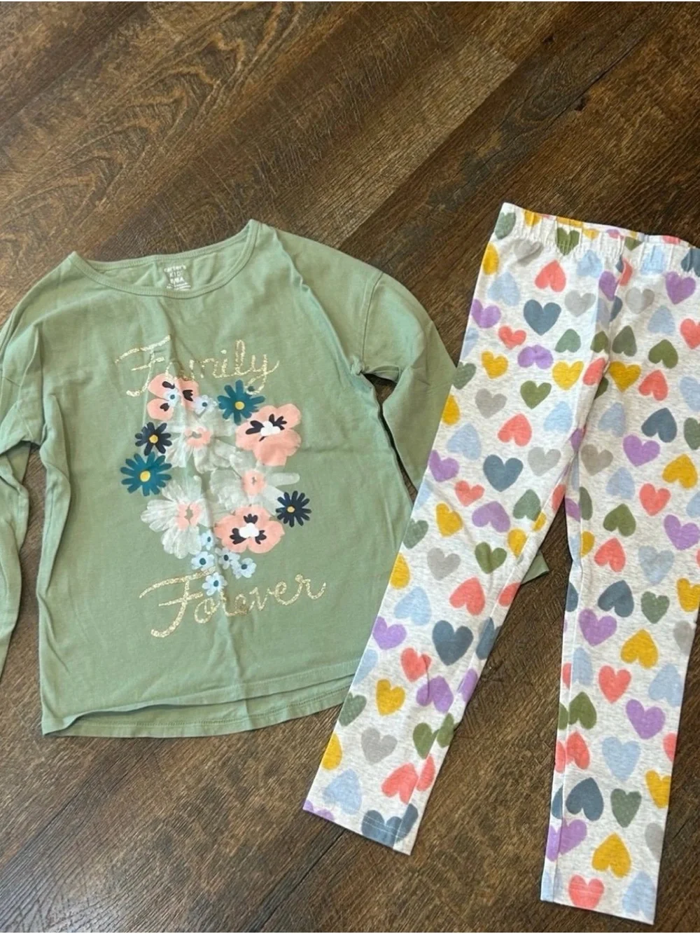 Carter's Sage Green Floral Top with Multicolor Heart Leggings Set